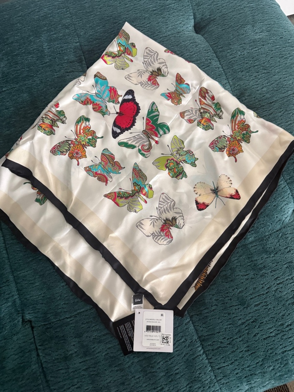 Echo Ivory Butterfly Print Silk Scarf with Black Trim - Picture 1 of 3